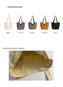 Detail showing spacious interior storage and five color options for canvas tote bag