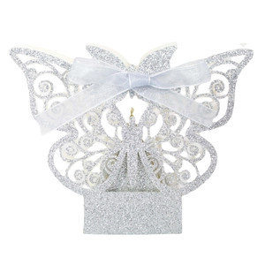 Silver laser-cut butterfly gift boxes with glitter paper and satin ribbon for weddings
