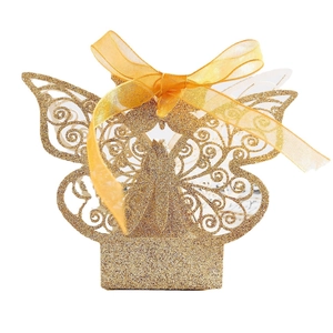Golden glitter butterfly laser-cut gift box with shimmering finish and matching ribbon