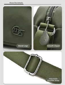 Detail of army green nylon crossbody bag featuring brand logo, smooth zipper and strap buckle