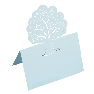 Laser cut tree hollow place card in light blue finish for wedding table decor
