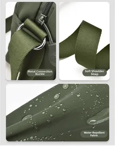 Detail of water-resistant nylon fabric, metal hooks and soft woven shoulder strap on bag