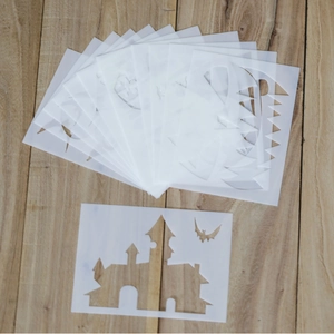 Reusable Halloween pumpkin stencil set with castle and bat designs for DIY painting projects