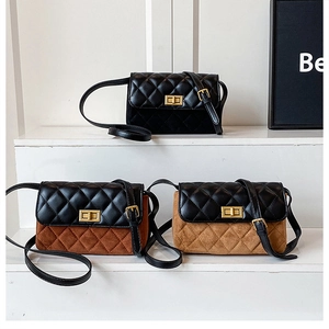 Detail view of quilted crossbody bags in black, tan and beige with gold turn-locks