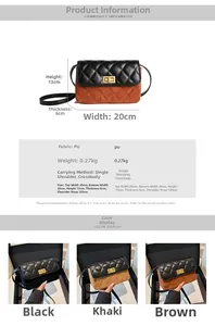 Macro detail of quilted crossbody bag with golden metal lock and dimensions chart