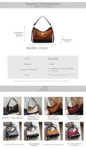 Detail view of quilted suede shoulder bag showing 31x24x11cm dimensions and color options