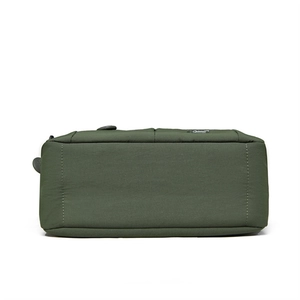 Detailed view of the dark green waterproof nylon crossbody bag with zipper and logo