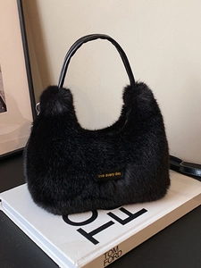 Women Faux Fur Dumpling Bag Soft Plush Shoulder Crossbody Bag With PU Strap Letter Decor Elegant Winter Fashion Handbag