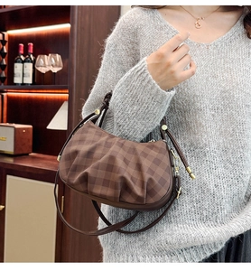 Brown checkered crossbody bag with pleated detail shown in lifestyle setting