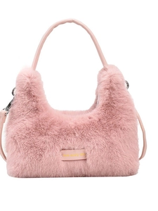 Pink plush faux fur half-moon shoulder bag with love every day leather label