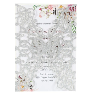 Elegant laser cut butterfly wedding invitation in glitter silver with floral inner card