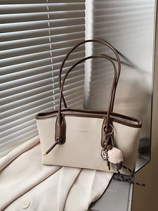 Retro large capacity tote bag in beige and brown with chic ice cream pendant decoration