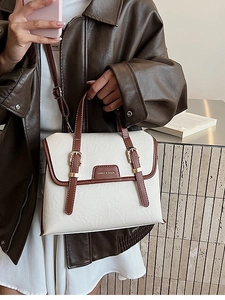 Vintage cream PU leather backpack with brown trim and gold buckle accents for women