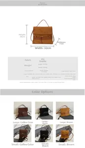 Guía de tallas de bolsos denim grandes y pequeños con dimensiones y detalles de correas
