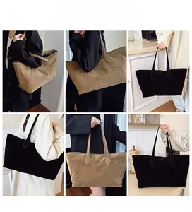Detailed views of vintage large capacity faux suede tote bag in brown and black