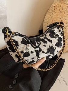 Borsa Hobo da Donna in Pelle PU a Macchie di Mucca Borsa a Tracolla a Mezzaluna Con Dettaglio Catena Oro Borsa a Mano Casual alla Moda