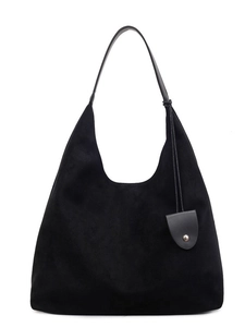 Black suede hobo shoulder bag with large capacity and decorative round metal buckle charm