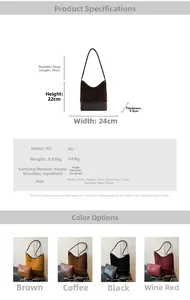 Detailed size specifications and multi-color options for the large PU leather tote bag