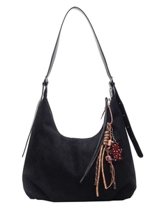 Grand sac hobo en daim noir avec pampille et charm ours à imprimé léopard stylé