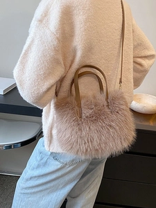 Furry plush handbag for women with dual top handles and crossbody strap in light brown