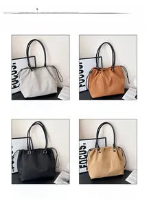 Detailed grid view of drawstring tote bags in grey, brown, black and khaki colors