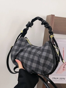 Minimalist black and grey checkered hobo bag with cloud pleated handle and long strap