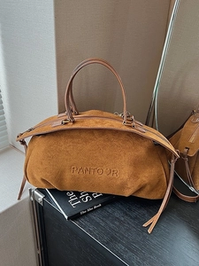 Retro caramel suede handbag with embossed logo and double top handles for women