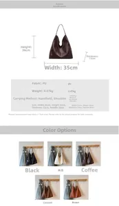 Detailed size chart and specifications for large capacity PU leather tote handbag