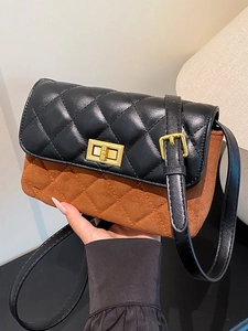 Women Quilted Patchwork Crossbody Bag Fashion PU Leather Suede Shoulder Bag Small Square Bag with Metal Turn-Lock Retro Daily Commuter Handbag