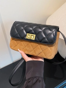 Vintage square crossbody bag with black quilted flap and brown suede patchwork design