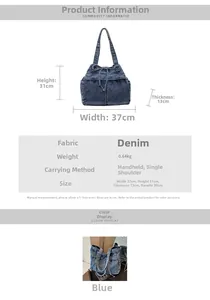 Detailed view of large denim tote bag with dimensions 37x31x13cm and drawstring design