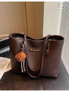 Retro dark brown large capacity tote bag with plush bear charm for daily commute