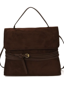 Mochila retro de ante esmerilado marrón oscuro con solapa y hebillas de metal dorado