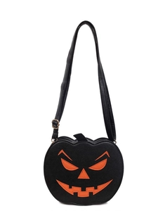 Cartoon Jack-o'-lantern pumpkin shoulder bag with orange embroidery on black leather