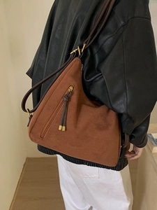 Brown frosted suede large capacity tote bag with tassels for women daily commute