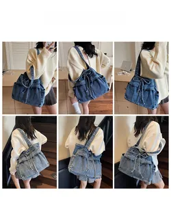 Blue washed denim tote bag with drawstring bow detail shown on a model in various angles