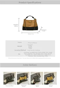Guía de tallas del bolso acolchado con cadena que muestra dimensiones y material PU