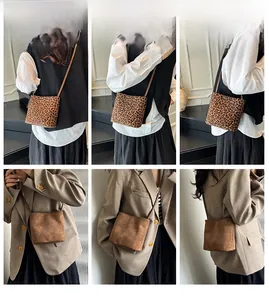 Model wearing leopard print and brown suede bucket bag from front and side views