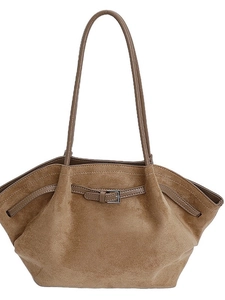Braune Shopper-Tasche aus Wildlederimitat mit Falten und Silberschnalle für Herbst