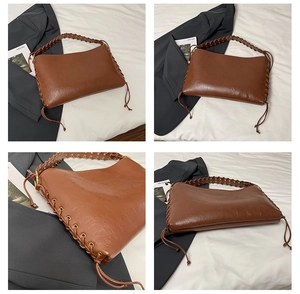 Détails du sac porté épaule marron avec anse tressée et finitions à franges élégantes