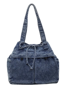 Large capacity blue denim tote bag with drawstring design and side pockets for daily use