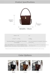 Detail view of retro PU leather bucket bag showing 19x18x10cm size dimensions and materials