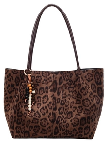 Sac fourre-tout vintage imprimé léopard avec grande capacité et glands en perles de bois