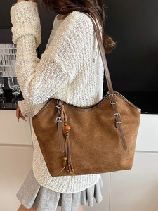 Brown contrast large tote bag in matte suede with adjustable leather straps for women