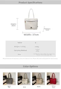 Detailed dimension guide and color selection for minimalist canvas tote bags with wave stitching