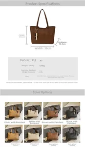 Size chart showing large woven tote bag dimensions, PU leather material and colors