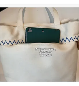 Detail of canvas tote bag showing the zipper pocket with a tablet inside for capacity