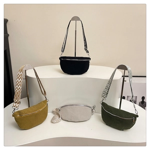 Detailed corduroy texture and geometric patterned wide straps on four color belt bags