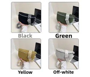 Corduroy waist bag display in black, green, yellow and beige with striped strap