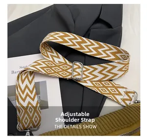 Detail of adjustable woven shoulder strap with geometric patterns and metal buckles